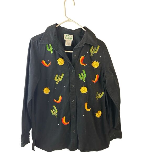 QVC Quaker Factory flannel shirt small S Hong Kong Cactus Peppers Buttons Black - Picture 1 of 8